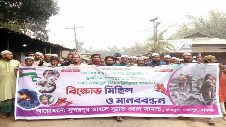 মাধবপুরে ফিলিস্তিনে গনহত্যার প্রতিবাদে বিক্ষোভ মিছিল ও মানববন্ধন